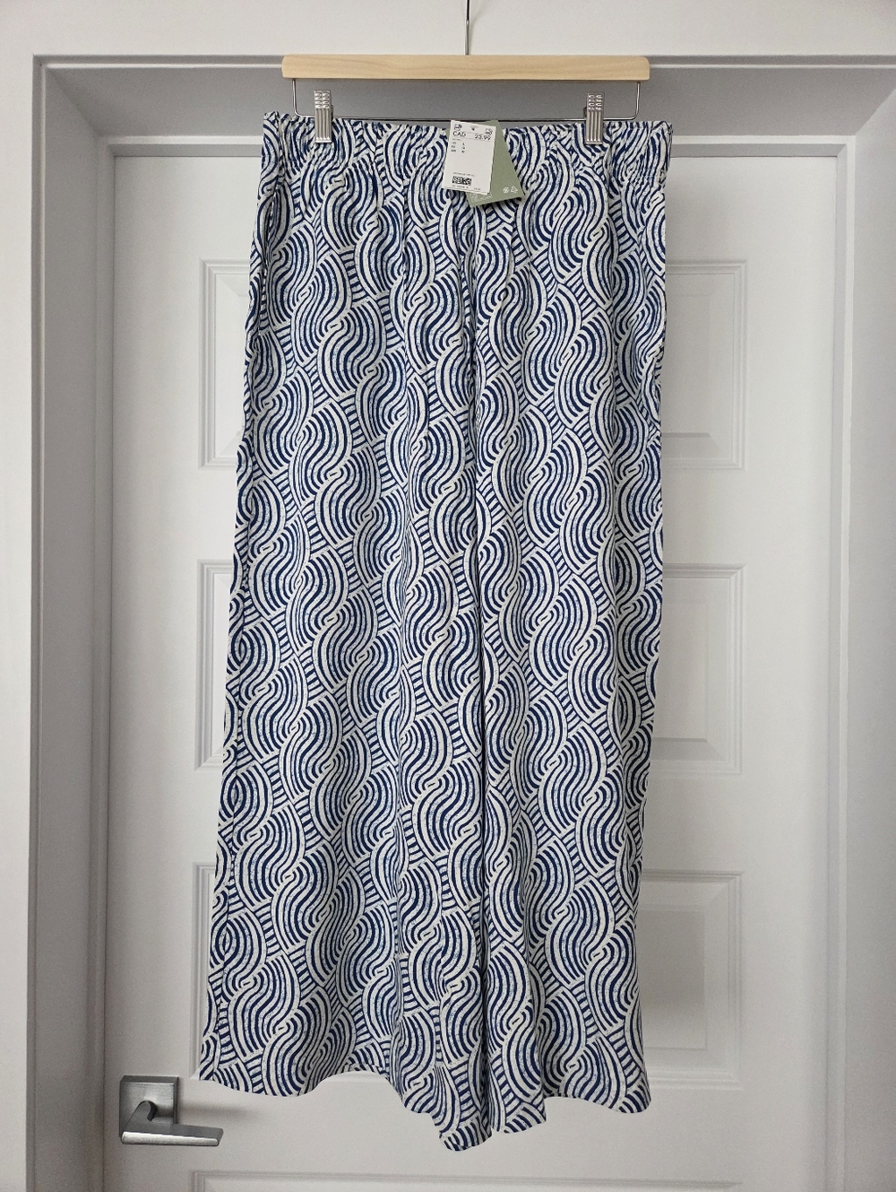 NWT H&M White & Blue Wave-Print Wide-Leg Pants, Size L
